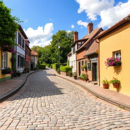 A picturesque cobblestone road winding through a quaint village, lined with charming old houses featuring colorful facades and blooming flower pots
