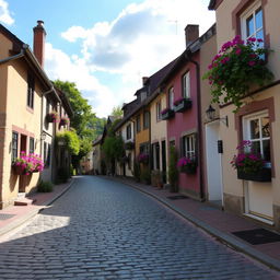 A picturesque cobblestone road winding through a quaint village, lined with charming old houses featuring colorful facades and blooming flower pots