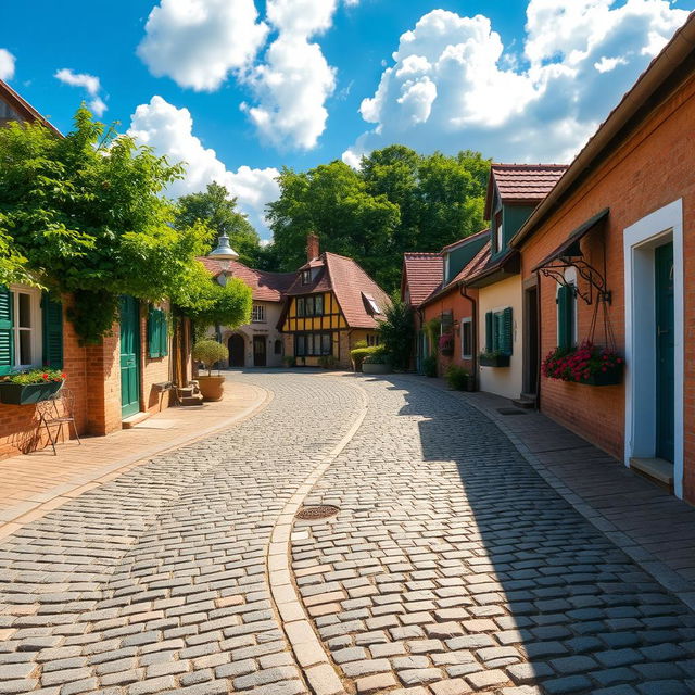 A picturesque cobblestone road winding through a quaint village, lined with charming old houses featuring colorful facades and blooming flower pots