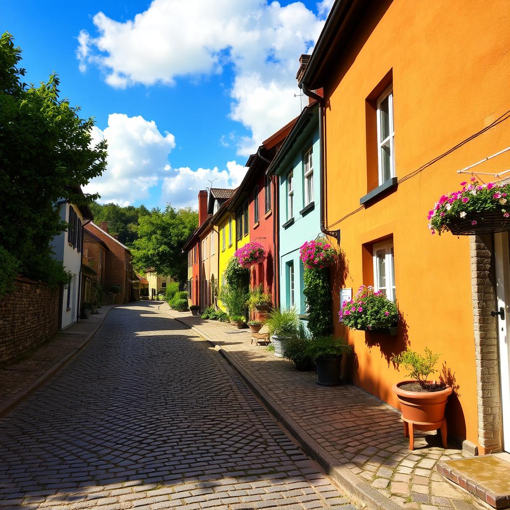 A picturesque cobblestone road winding through a quaint village, lined with charming old houses featuring colorful facades and blooming flower pots