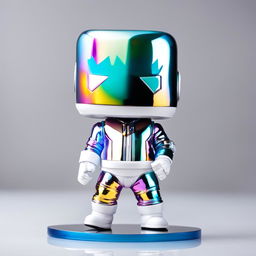 A 32k HD editorial photo of a detailed Fortnite Marshmello Funko Pop final figure standing on a reflective surface against a blurred white background