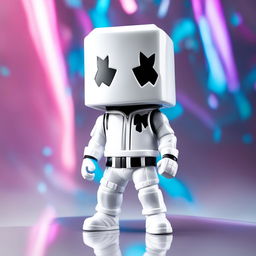 A 32k HD editorial photo of a detailed Fortnite Marshmello Funko Pop final figure standing on a reflective surface against a blurred white background