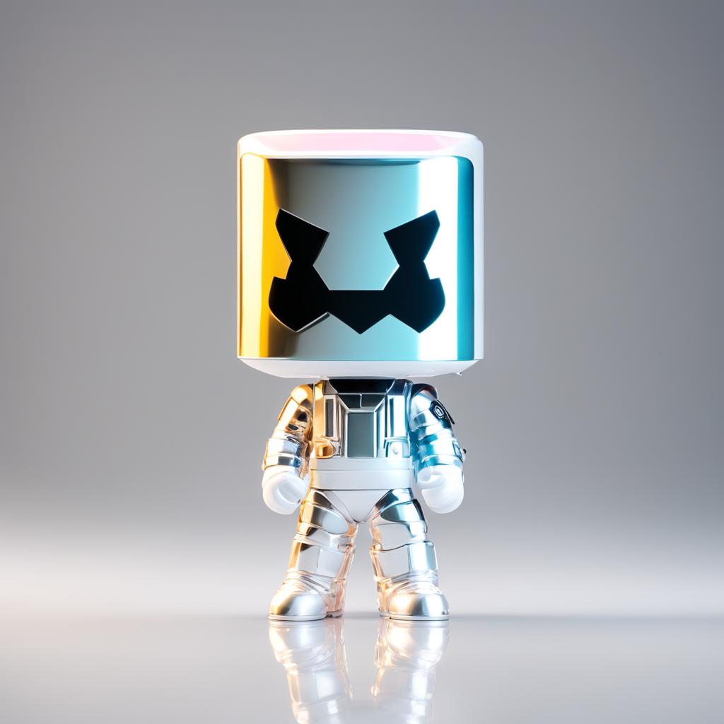 A 32k HD editorial photo of a detailed Fortnite Marshmello Funko Pop final figure standing on a reflective surface against a blurred white background
