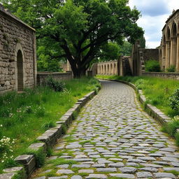 An ancient cobblestone road leading through a historical landscape, surrounded by overgrown grass and wildflowers