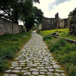 An ancient cobblestone road leading through a historical landscape, surrounded by overgrown grass and wildflowers