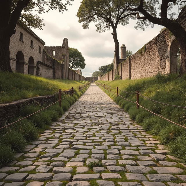 An ancient cobblestone road leading through a historical landscape, surrounded by overgrown grass and wildflowers