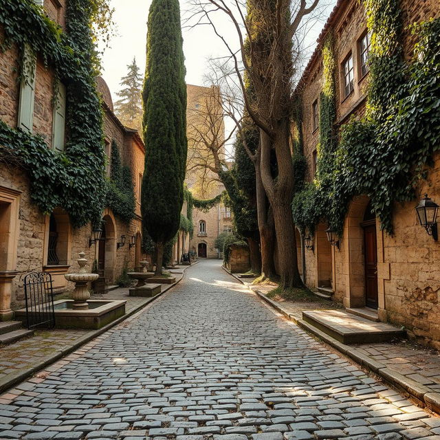 An ancient cobblestone road weaving through an old-world village, surrounded by crumbling stone buildings covered in ivy