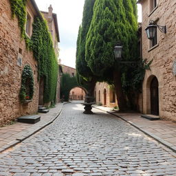 An ancient cobblestone road weaving through an old-world village, surrounded by crumbling stone buildings covered in ivy