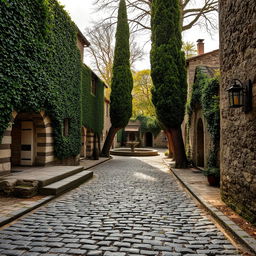 An ancient cobblestone road weaving through an old-world village, surrounded by crumbling stone buildings covered in ivy