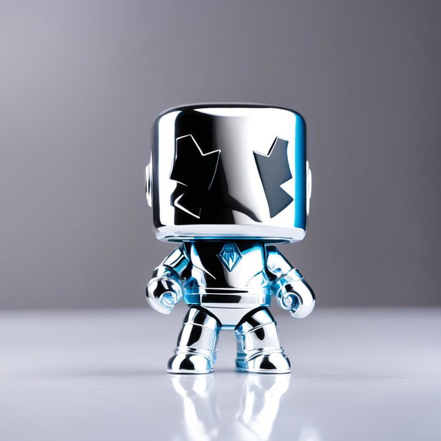 A 32k HD editorial photo of a detailed Fortnite Marshmello Funko Pop final figure standing on a reflective surface against a blurred white background