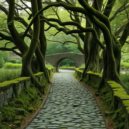 An ancient cobblestone road meandering through a mystical forest, with moss-covered stones and patches of wildflowers
