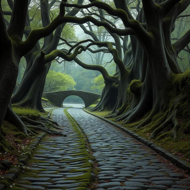 An ancient cobblestone road meandering through a mystical forest, with moss-covered stones and patches of wildflowers