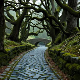 An ancient cobblestone road meandering through a mystical forest, with moss-covered stones and patches of wildflowers