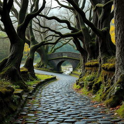 An ancient cobblestone road meandering through a mystical forest, with moss-covered stones and patches of wildflowers