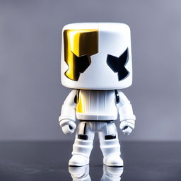 A 32k HD editorial photo of a detailed Fortnite Marshmello Funko Pop final figure standing on a reflective surface against a blurred white background