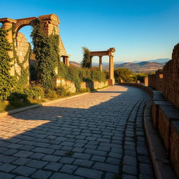 An ancient Roman cobblestone road, meticulously laid with large, rectangular stones, winding through a picturesque landscape