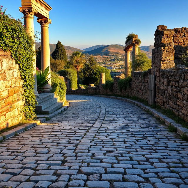 An ancient Roman cobblestone road, meticulously laid with large, rectangular stones, winding through a picturesque landscape