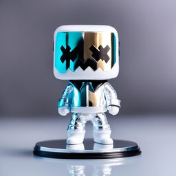 A 32k HD editorial photo of a detailed Fortnite Marshmello Funko Pop final figure standing on a reflective surface against a blurred white background