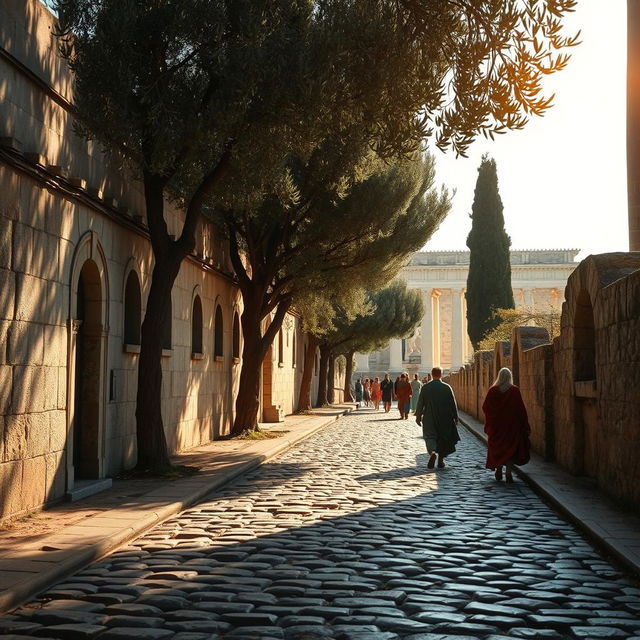 A detailed scene of an ancient Roman cobblestone road, lined with weathered stone buildings and rustic arches on either side