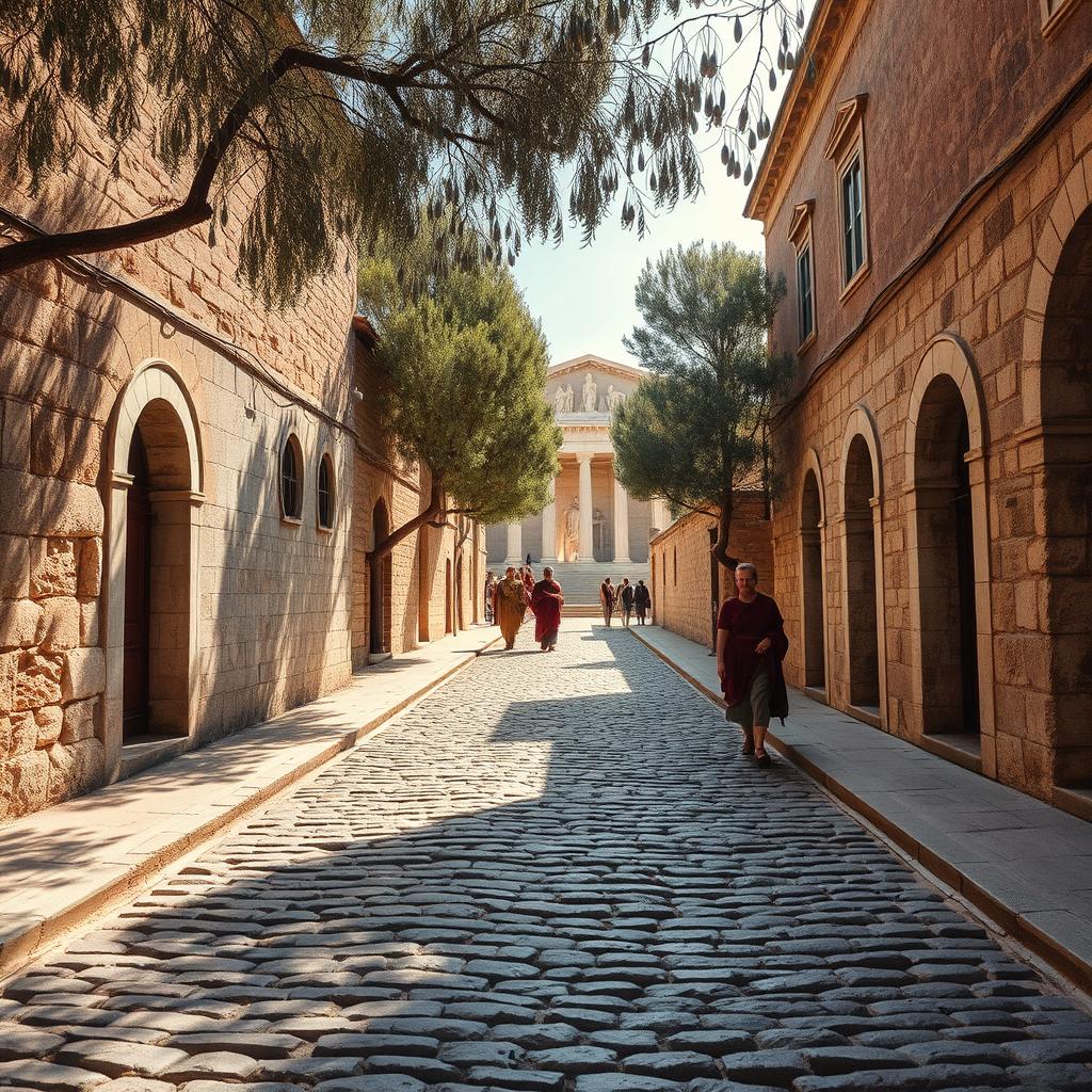 A detailed scene of an ancient Roman cobblestone road, lined with weathered stone buildings and rustic arches on either side