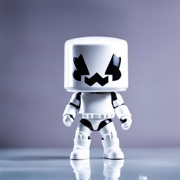 A 32k HD editorial photo of a detailed Fortnite Marshmello Funko Pop final figure standing on a reflective surface against a blurred white background