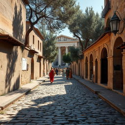 A detailed scene of an ancient Roman cobblestone road, lined with weathered stone buildings and rustic arches on either side