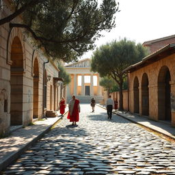 A detailed scene of an ancient Roman cobblestone road, lined with weathered stone buildings and rustic arches on either side