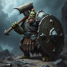 A fierce orc warrior clad in heavy plate armor, wielding a massive club and an iron shield