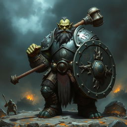 A fierce orc warrior clad in heavy plate armor, wielding a massive club and an iron shield