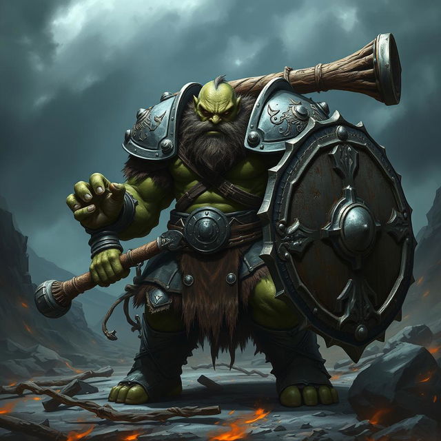 A fierce orc warrior clad in heavy plate armor, wielding a massive club and an iron shield