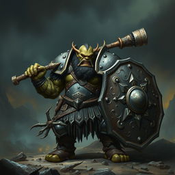 A fierce orc warrior clad in heavy plate armor, wielding a massive club and an iron shield