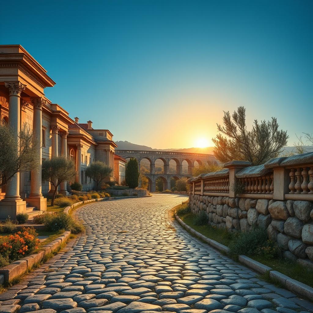 A vivid portrayal of an ancient Roman cobblestone road winding through a vibrant landscape