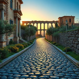 A vivid portrayal of an ancient Roman cobblestone road winding through a vibrant landscape