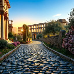 A vivid portrayal of an ancient Roman cobblestone road winding through a vibrant landscape