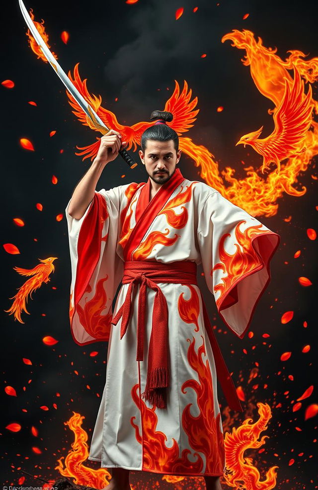 A man standing heroically, wearing a striking fire-themed haori that is predominantly white adorned with vibrant red and orange flames