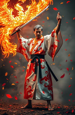 A man standing heroically, wearing a striking fire-themed haori that is predominantly white adorned with vibrant red and orange flames