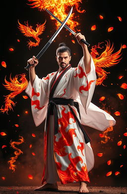 A man standing heroically, wearing a striking fire-themed haori that is predominantly white adorned with vibrant red and orange flames