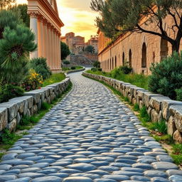 An ancient Roman cobblestone road, intricately constructed with large, smooth stones, stretching through a charming Roman landscape