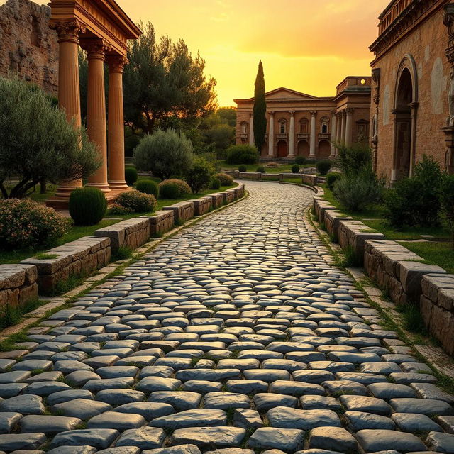 An ancient Roman cobblestone road, intricately constructed with large, smooth stones, stretching through a charming Roman landscape