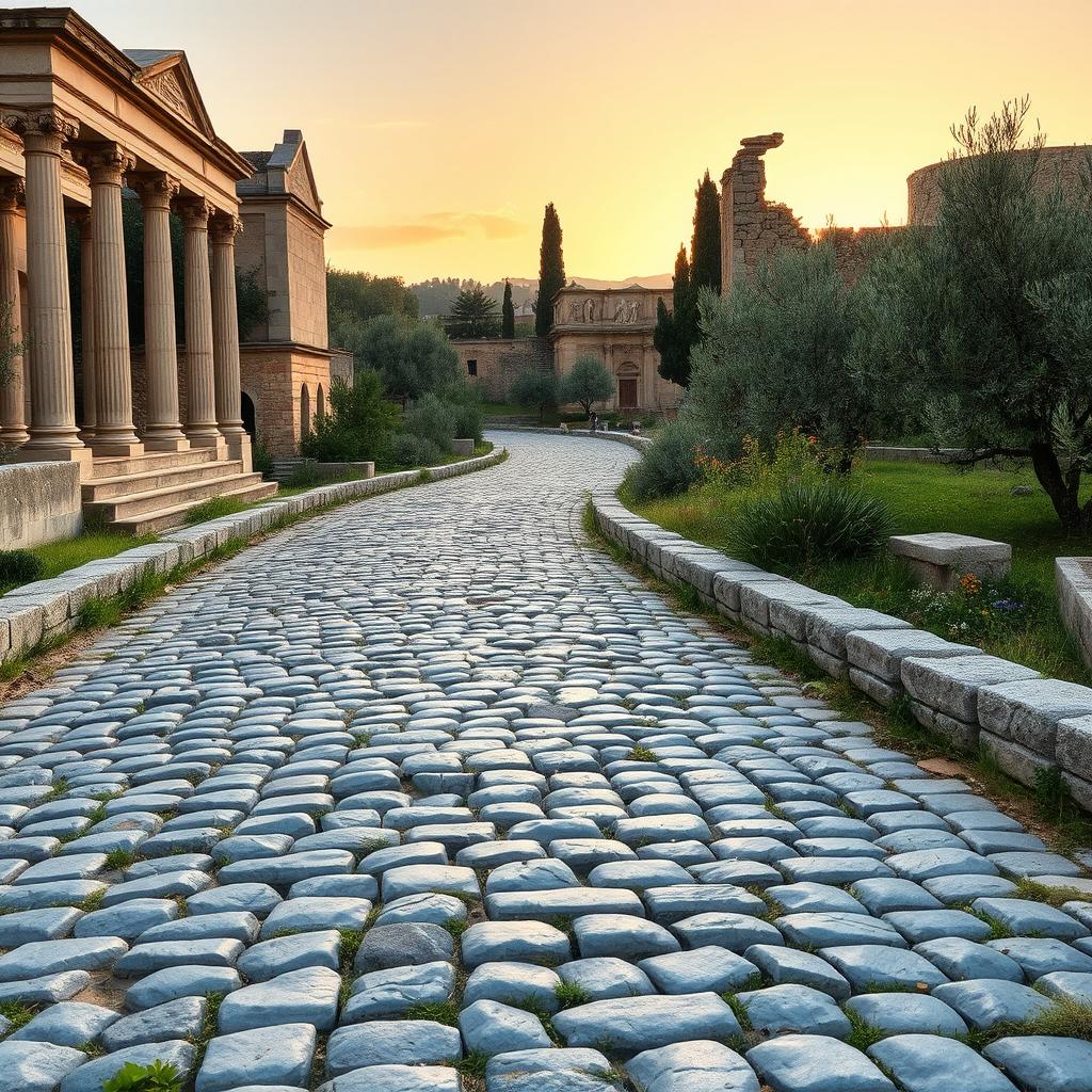 An ancient Roman cobblestone road, intricately constructed with large, smooth stones, stretching through a charming Roman landscape