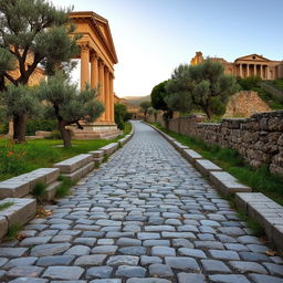 An ancient Roman cobblestone road, intricately constructed with large, smooth stones, stretching through a charming Roman landscape