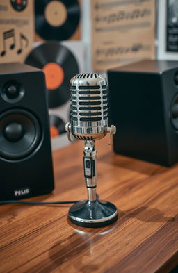 A creative artistic arrangement featuring a vintage microphone and elegant speakers, set on a polished wooden table