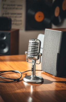 A creative artistic arrangement featuring a vintage microphone and elegant speakers, set on a polished wooden table