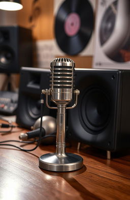 A creative artistic arrangement featuring a vintage microphone and elegant speakers, set on a polished wooden table
