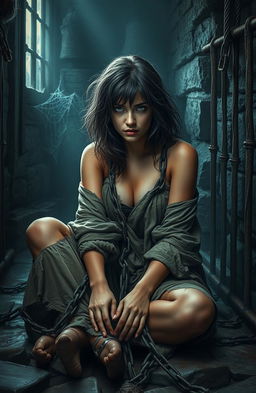 A dramatic scene depicting a chained damsel in tattered rags, sitting on the cold stone floor of a dimly lit cell