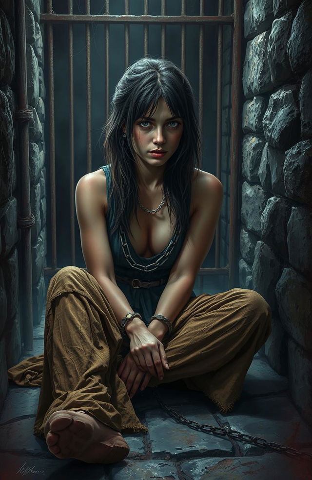 A dramatic scene depicting a chained damsel in tattered rags, sitting on the cold stone floor of a dimly lit cell