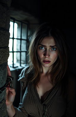 A damsel in rags, looking fearful, is chained and locked inside a dark, eerie cell