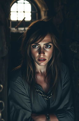 A damsel in rags, looking fearful, is chained and locked inside a dark, eerie cell