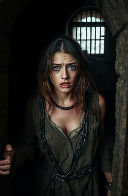A damsel in rags, looking fearful, is chained and locked inside a dark, eerie cell