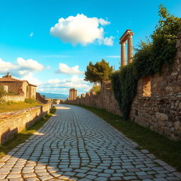 An ancient Roman cobblestone road, perfectly preserved, winding through a rustic countryside dotted with Roman ruins